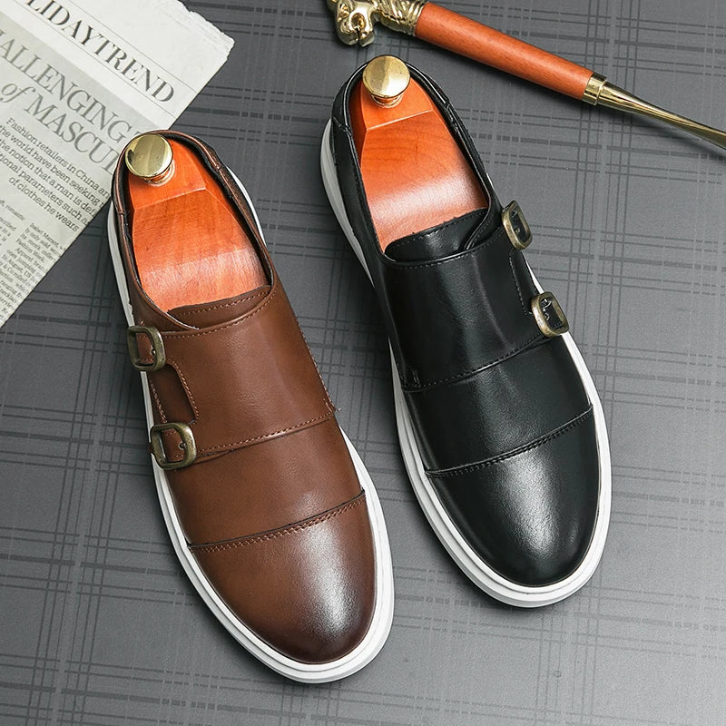 Men's Double Buckle Leather Loafers