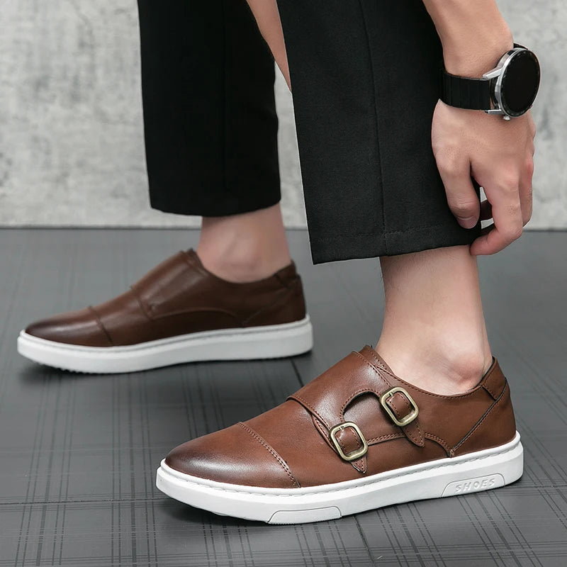 Men's Double Buckle Leather Loafers